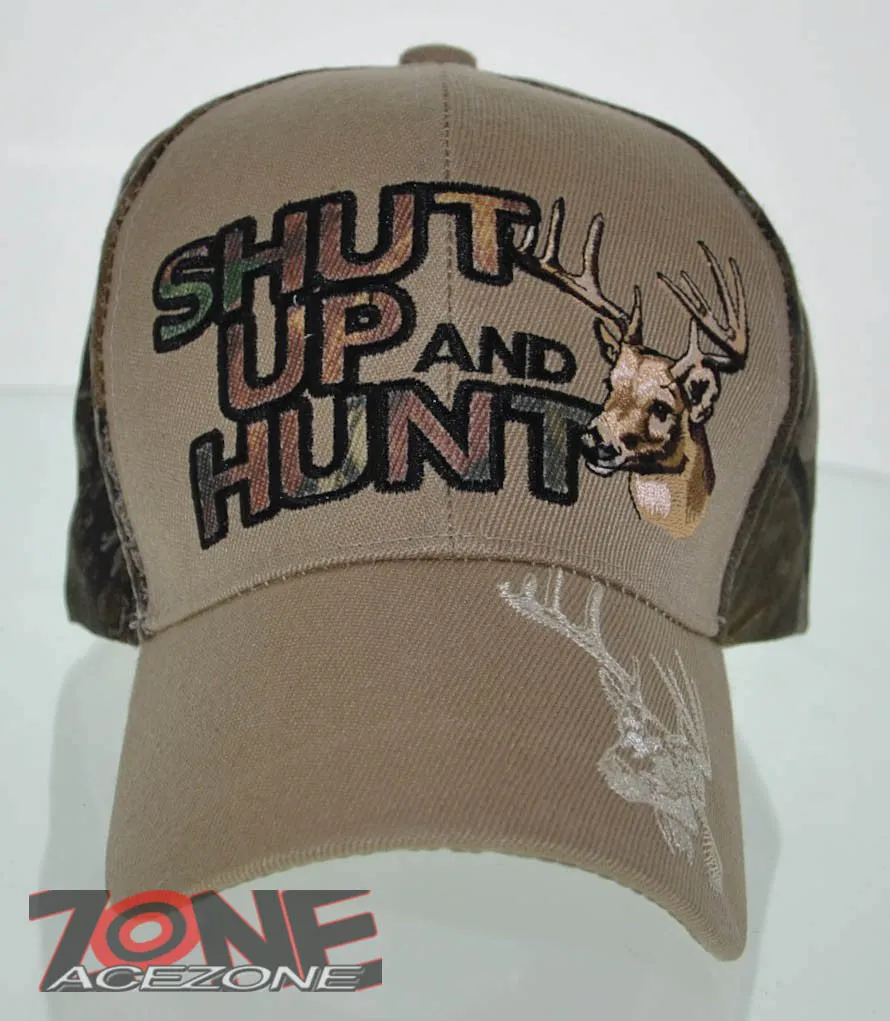 NEW! SHUT UP AND HUNT HUNTER HUNT DEER BUCK OUTDOOR SPORTS CAP HAT TAN CAMO