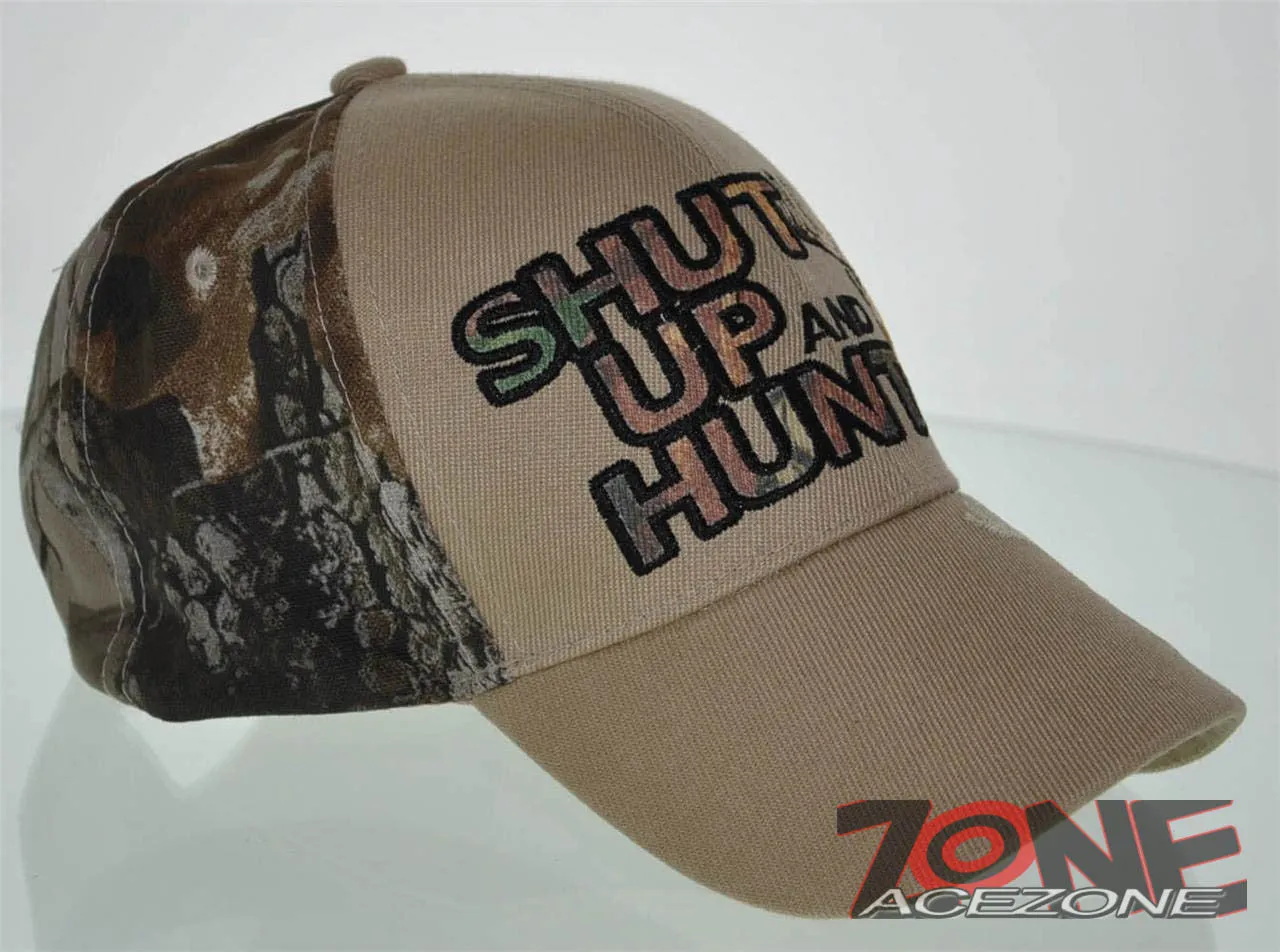 NEW! SHUT UP AND HUNT HUNTER HUNT DEER BUCK OUTDOOR SPORTS CAP HAT TAN CAMO