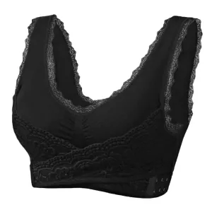 New Women Comfort Wireless Lace Lift Bra Classic Front Cross Side Buckle Yoga Sports Lace Bra, Black, Sz XL