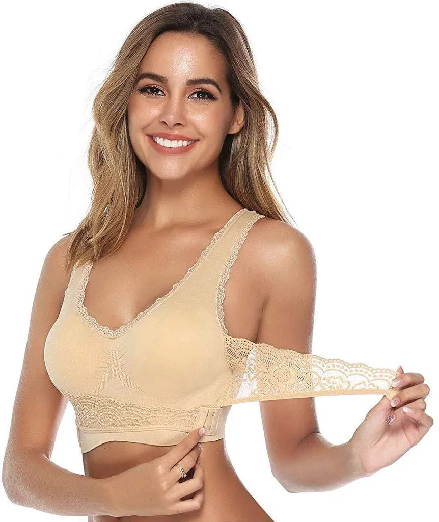New Women Comfort Wireless Lace Lift Bra Classic Front Cross Side Buckle Yoga Sports Lace Bra, Black, Sz XL