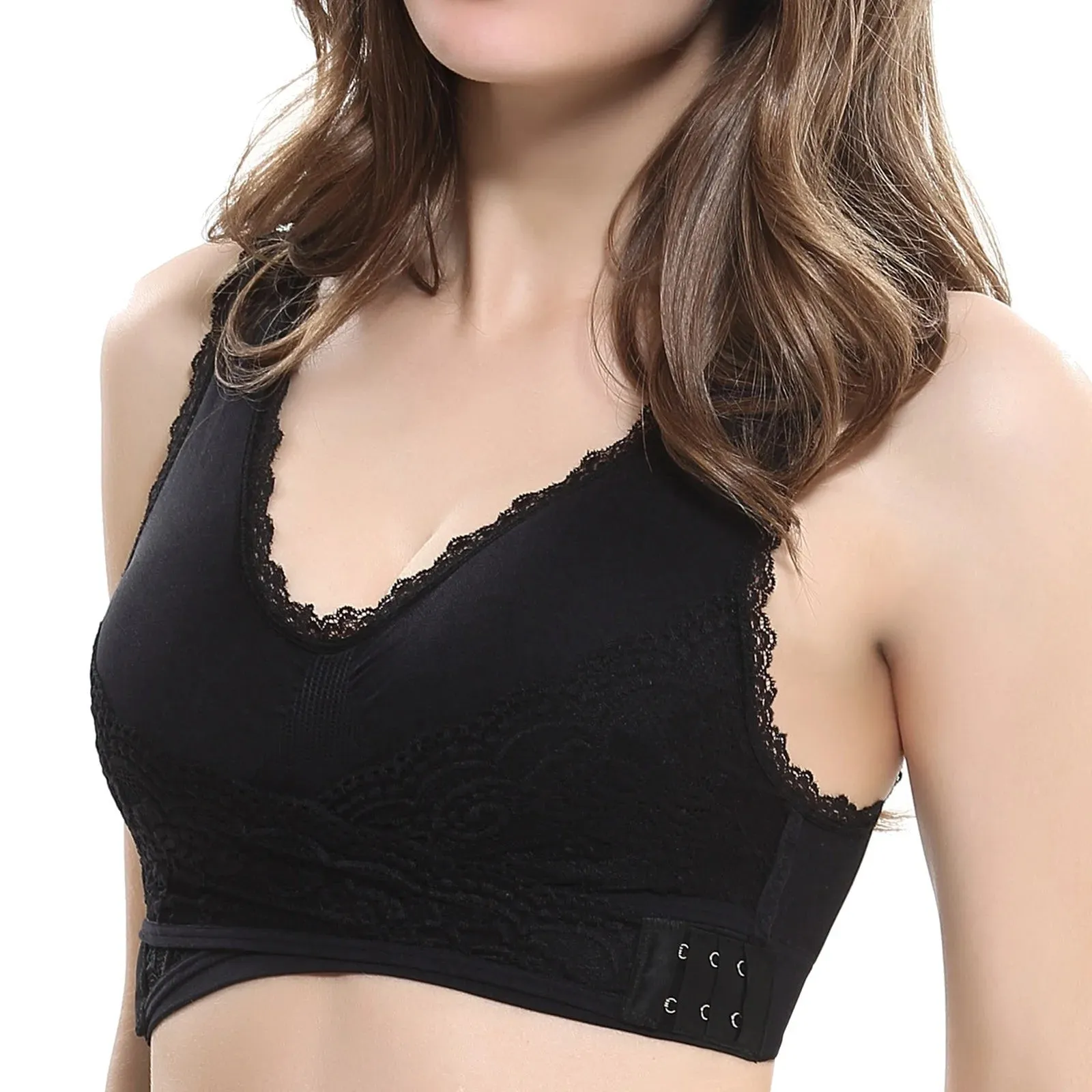 New Women Comfort Wireless Lace Lift Bra Classic Front Cross Side Buckle Yoga Sports Lace Bra, Black, Sz XL