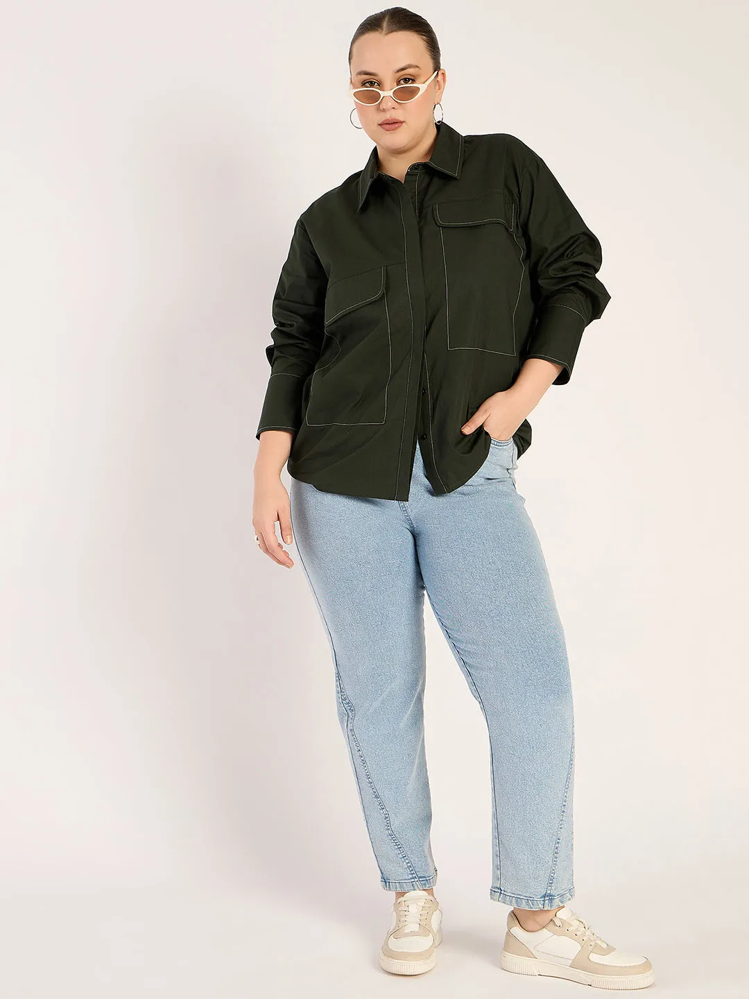 Olive Stitch Detailing Poplin Shirt