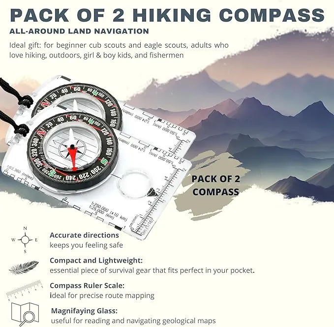 Pack of 2 Orienteering Compass Hiking-Compasses boy Scout Kids- Magnetic Gear Set Navigation map- Brujulas orientacion-Backpacking Camping Hunting Survival.