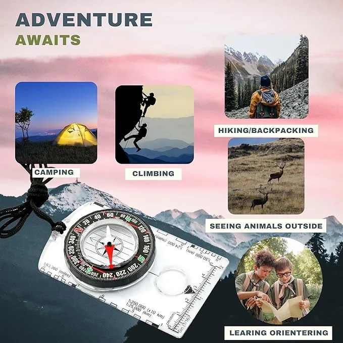 Pack of 2 Orienteering Compass Hiking-Compasses boy Scout Kids- Magnetic Gear Set Navigation map- Brujulas orientacion-Backpacking Camping Hunting Survival.