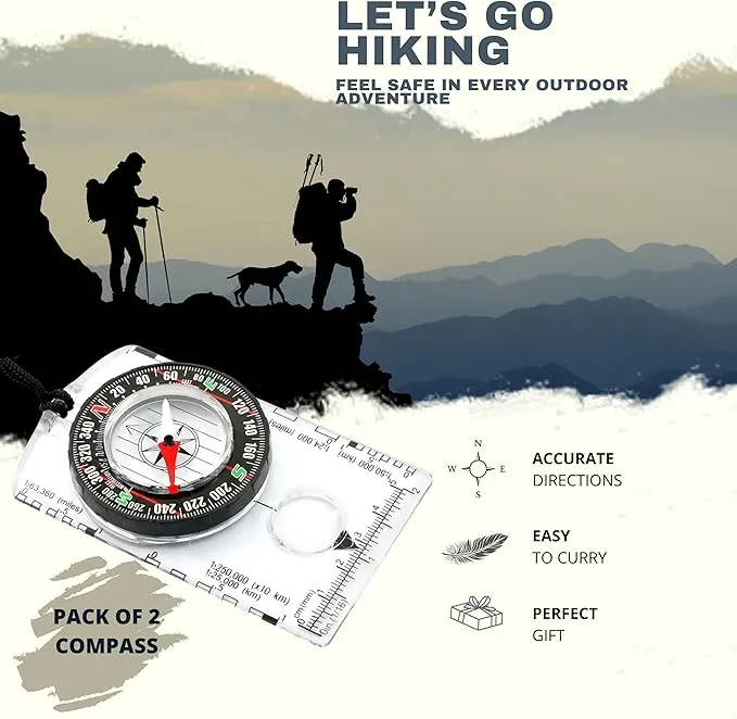 Pack of 2 Orienteering Compass Hiking-Compasses boy Scout Kids- Magnetic Gear Set Navigation map- Brujulas orientacion-Backpacking Camping Hunting Survival.