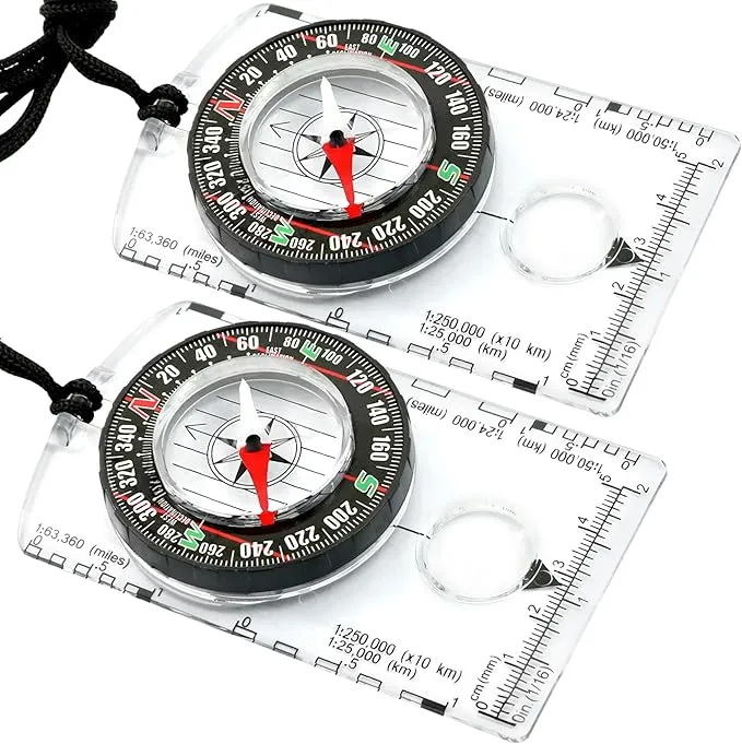 Pack of 2 Orienteering Compass Hiking-Compasses boy Scout Kids- Magnetic Gear Set Navigation map- Brujulas orientacion-Backpacking Camping Hunting Survival.