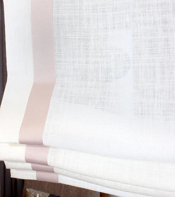 Pink Decorative Trims on a White 100% Natural Linen Custom Relaxed Roman Shade for Kid and Nursery Room
