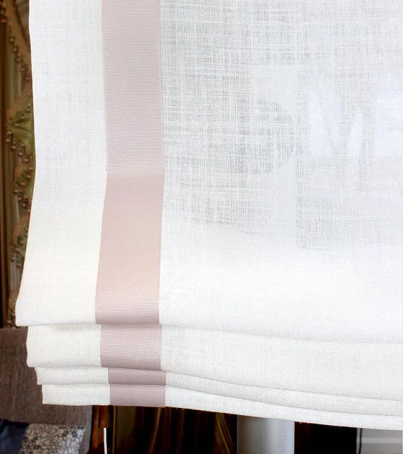 Pink Decorative Trims on a White 100% Natural Linen Custom Relaxed Roman Shade for Kid and Nursery Room