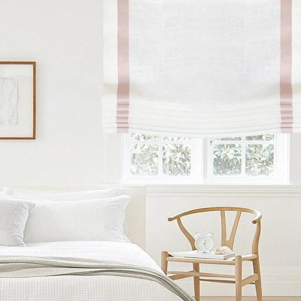 Pink Decorative Trims on a White 100% Natural Linen Custom Relaxed Roman Shade for Kid and Nursery Room