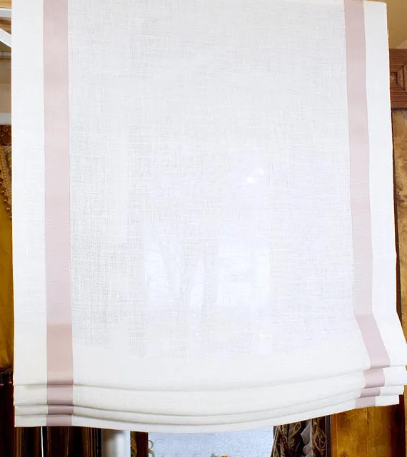 Pink Decorative Trims on a White 100% Natural Linen Custom Relaxed Roman Shade for Kid and Nursery Room