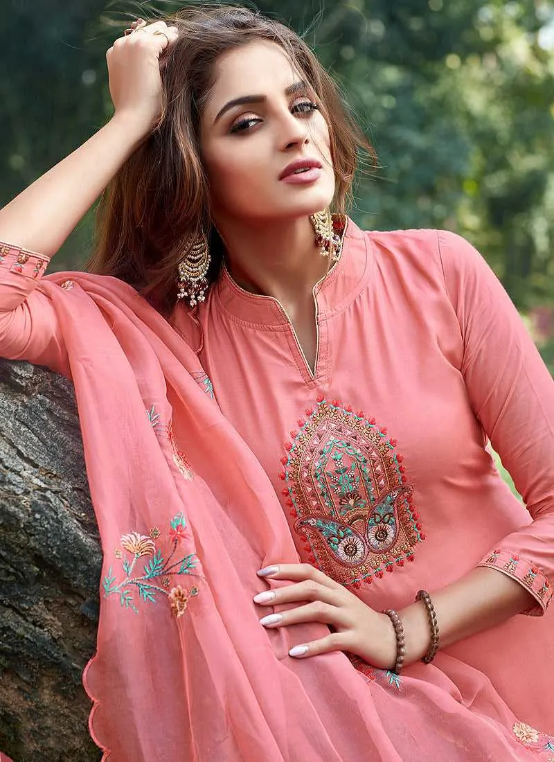 Pink Embroidered Straight Pant Style Suit