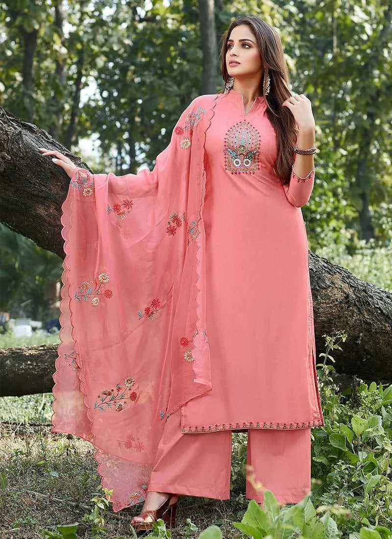 Pink Embroidered Straight Pant Style Suit