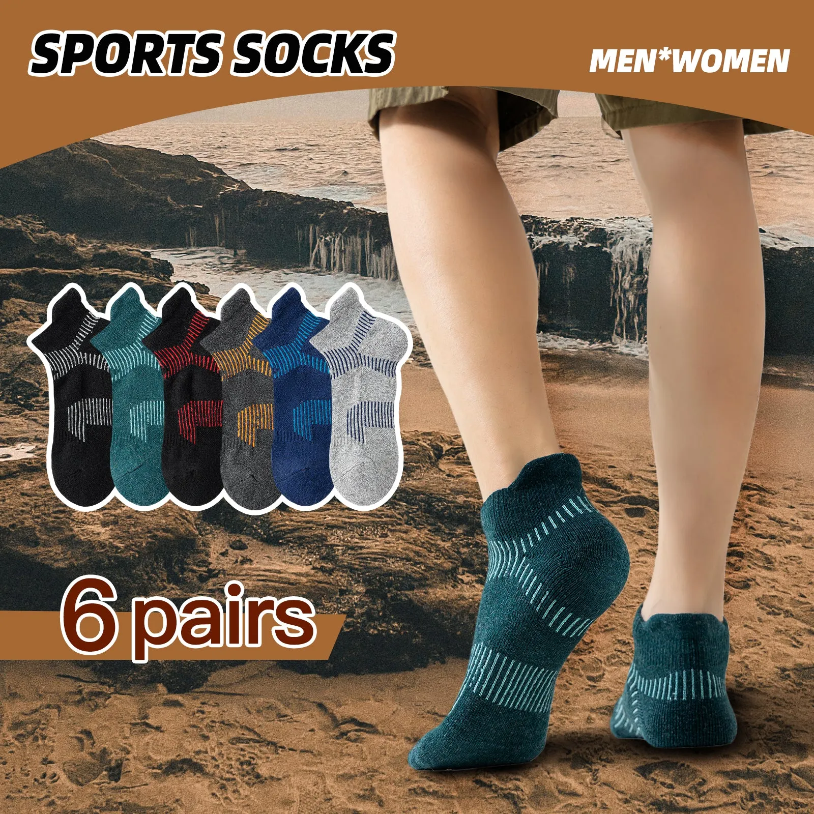 Premium Sweat Absorbing Compression Running & Hiking Socks – 6 Pairs, Thick Cotton Ankle Sports Socks for Men & Women, Low Cut, Breathable, Moisture-Wicking, Compression Support