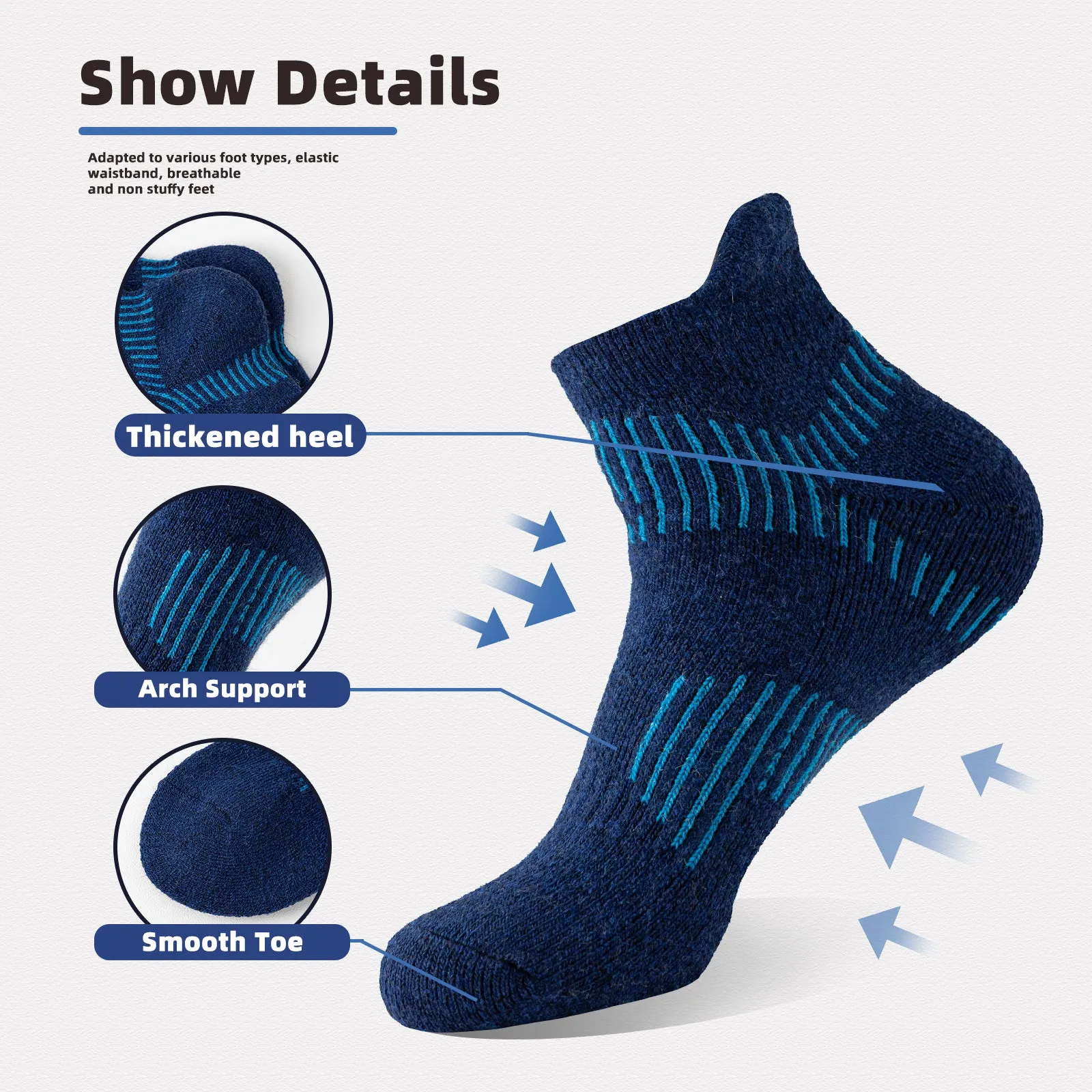 Premium Sweat Absorbing Compression Running & Hiking Socks – 6 Pairs, Thick Cotton Ankle Sports Socks for Men & Women, Low Cut, Breathable, Moisture-Wicking, Compression Support