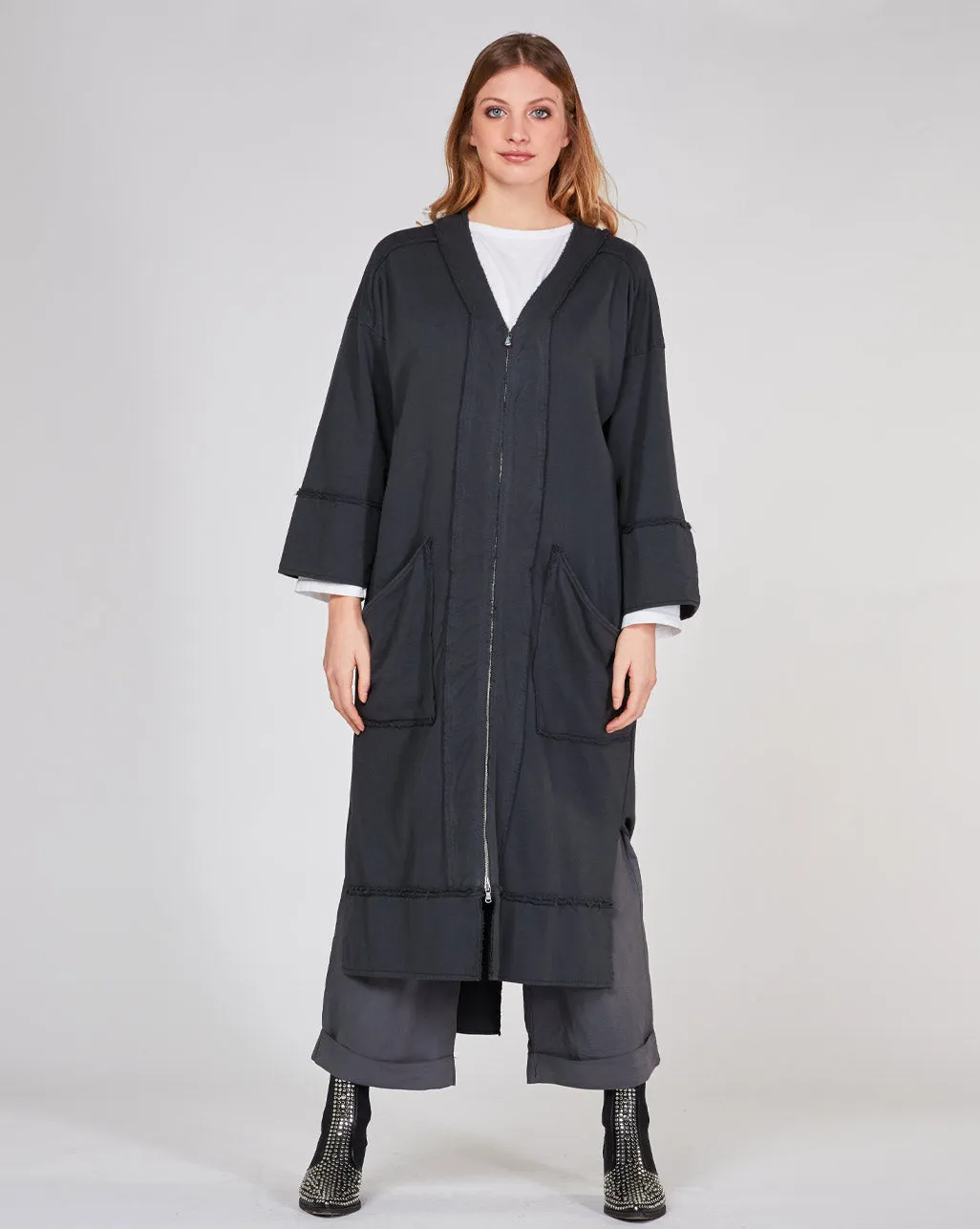 Raw Patch Zip-Up V-Neck Dress