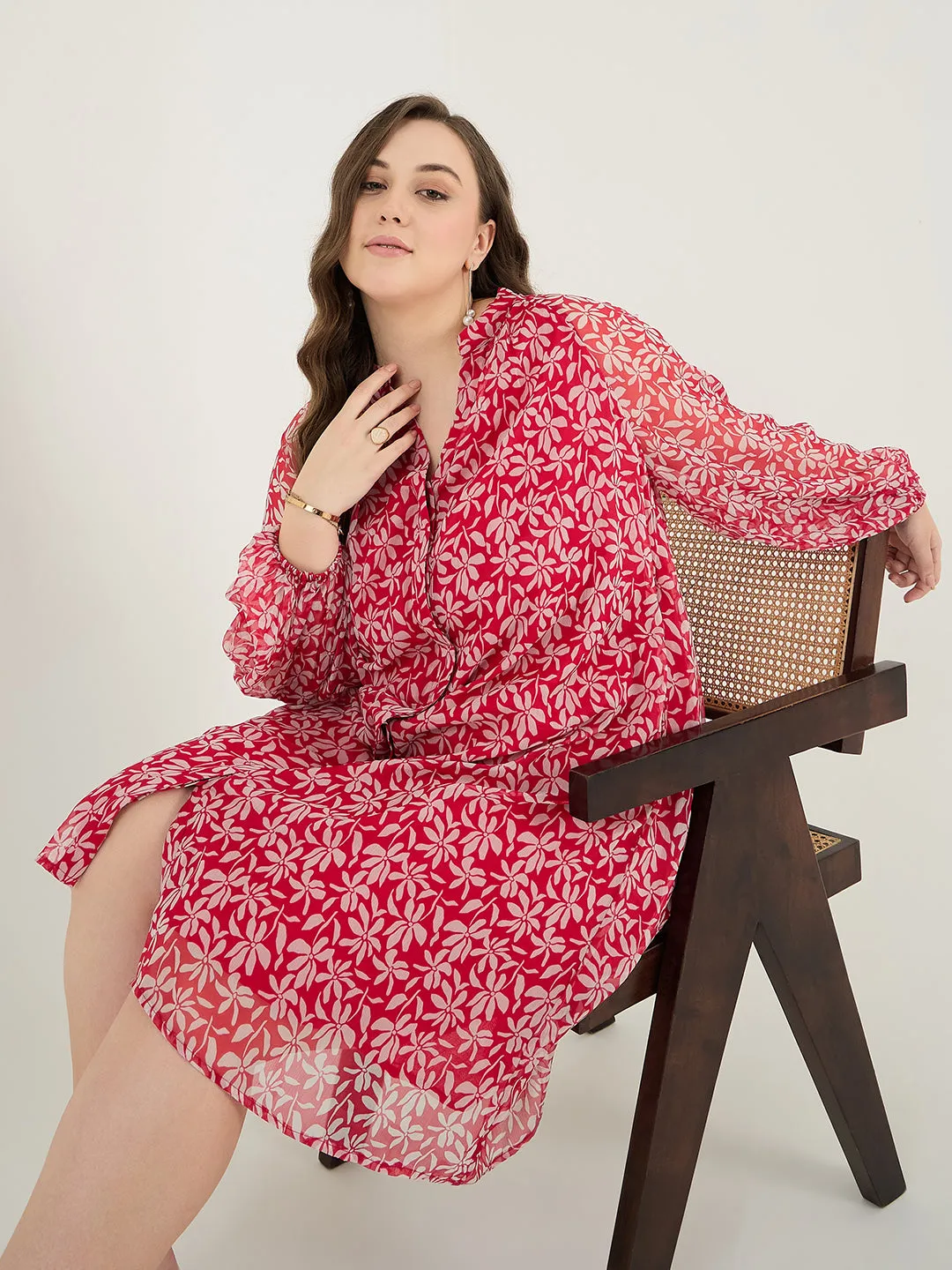 Red And White Floral Print Midi Dress