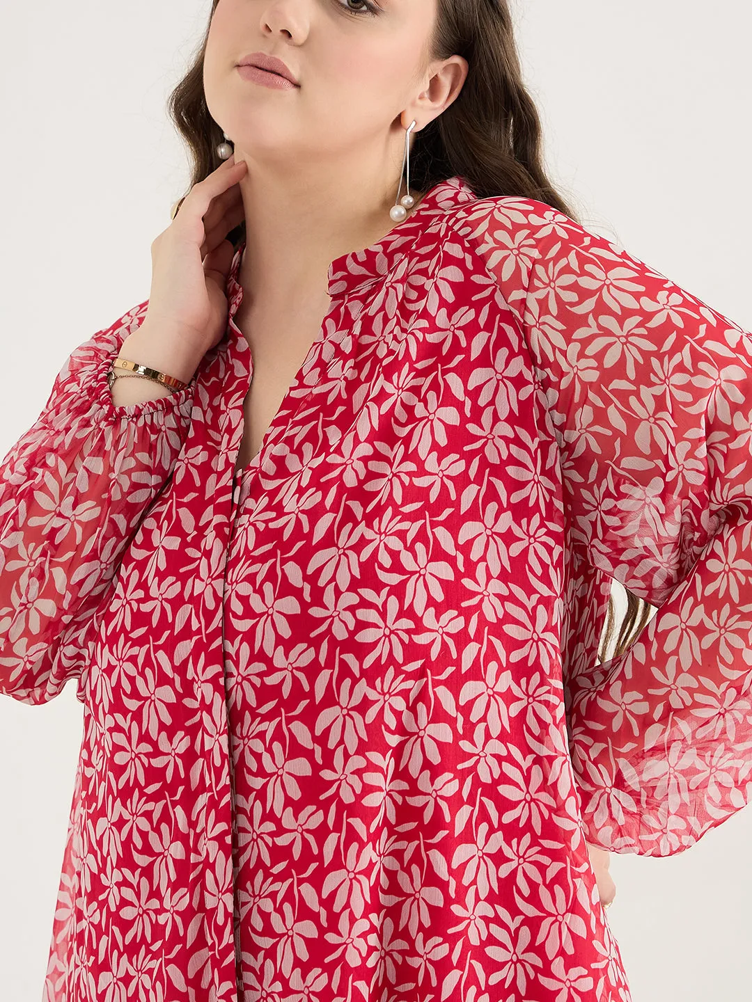 Red And White Floral Print Midi Dress