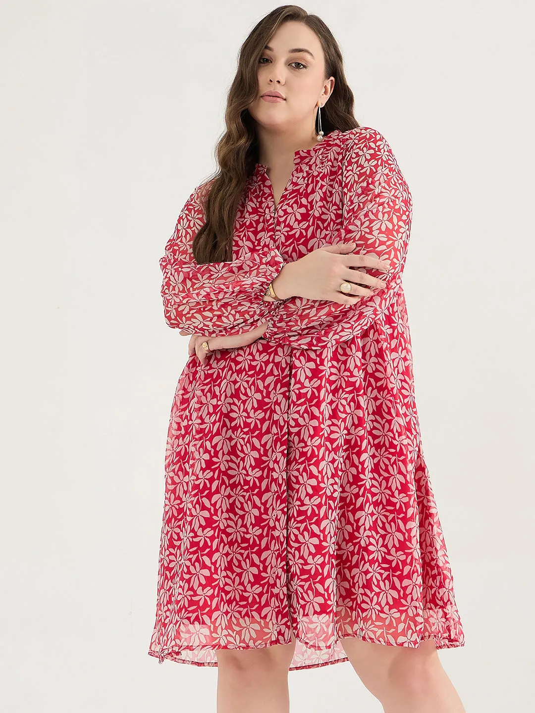 Red And White Floral Print Midi Dress