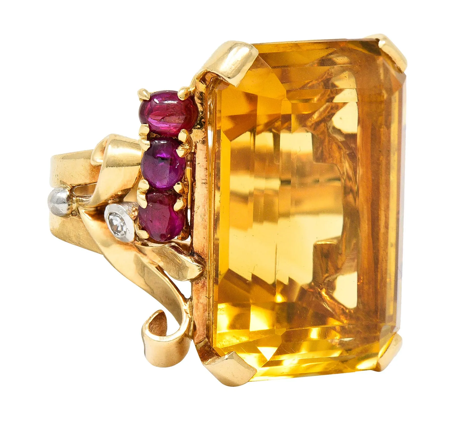Retro Citrine Ruby Diamond 14 Karat Two-Tone Gold Statement Ring