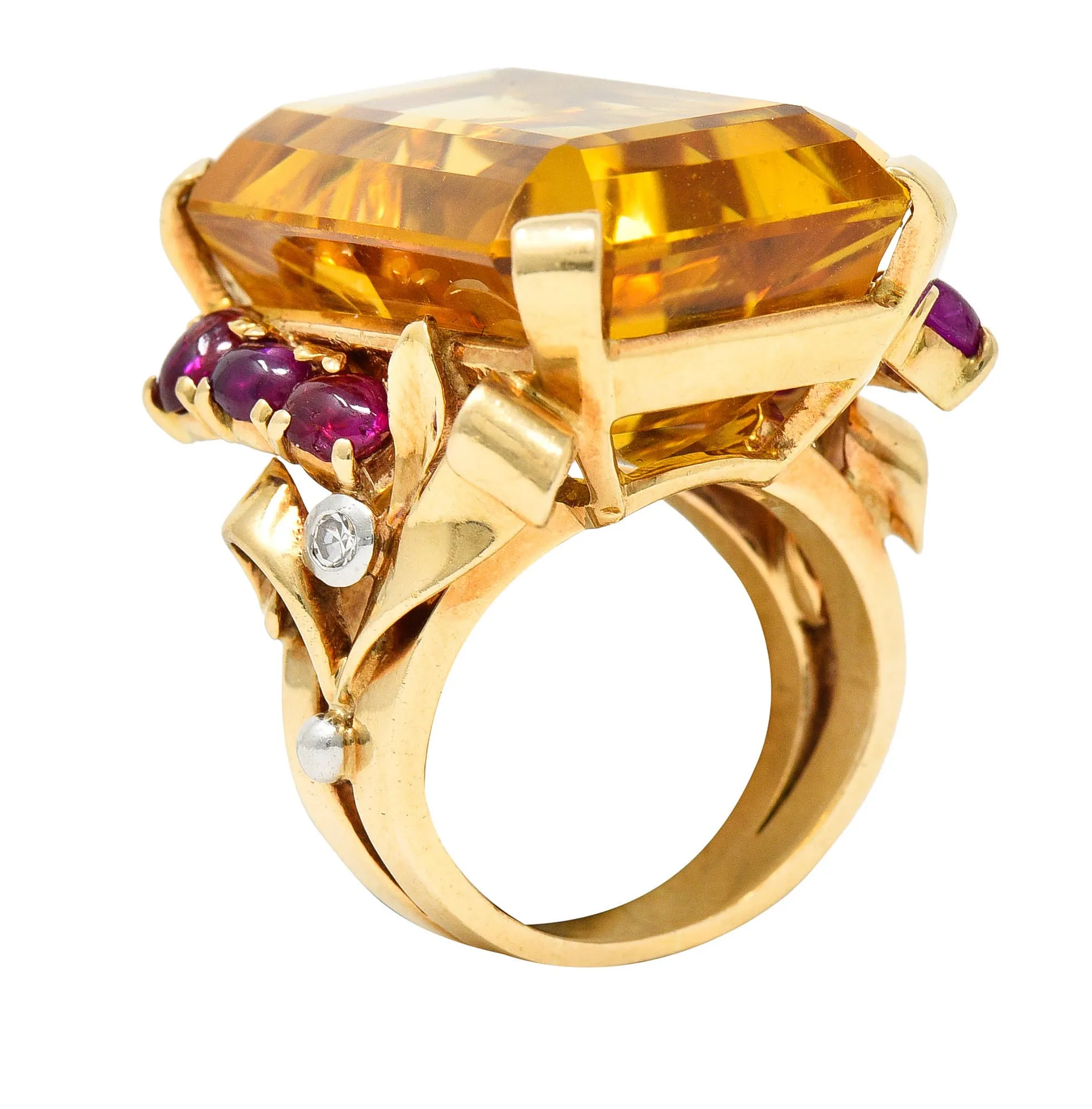 Retro Citrine Ruby Diamond 14 Karat Two-Tone Gold Statement Ring
