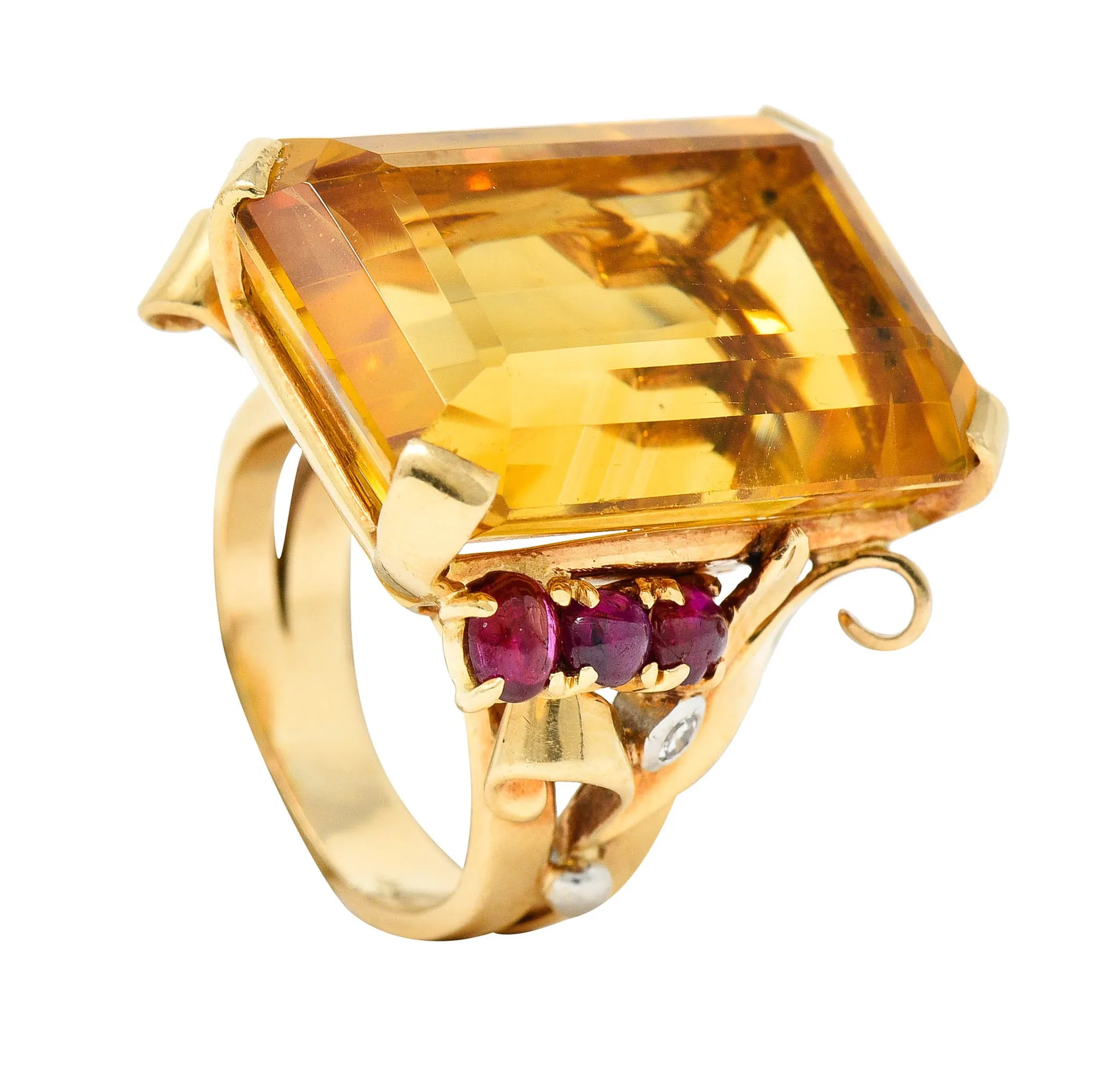 Retro Citrine Ruby Diamond 14 Karat Two-Tone Gold Statement Ring
