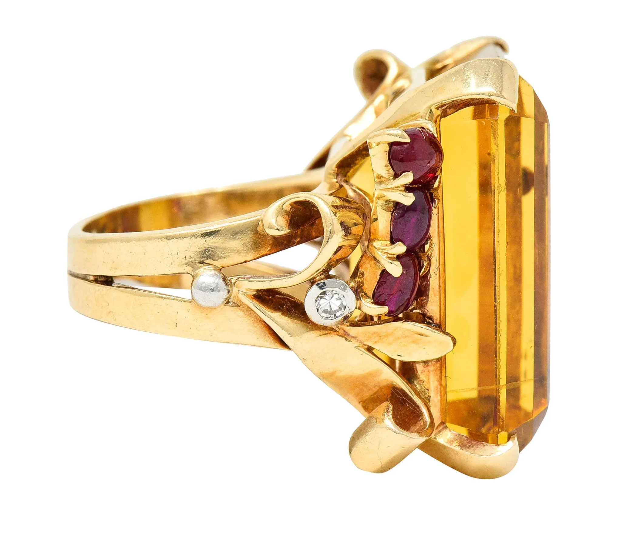 Retro Citrine Ruby Diamond 14 Karat Two-Tone Gold Statement Ring