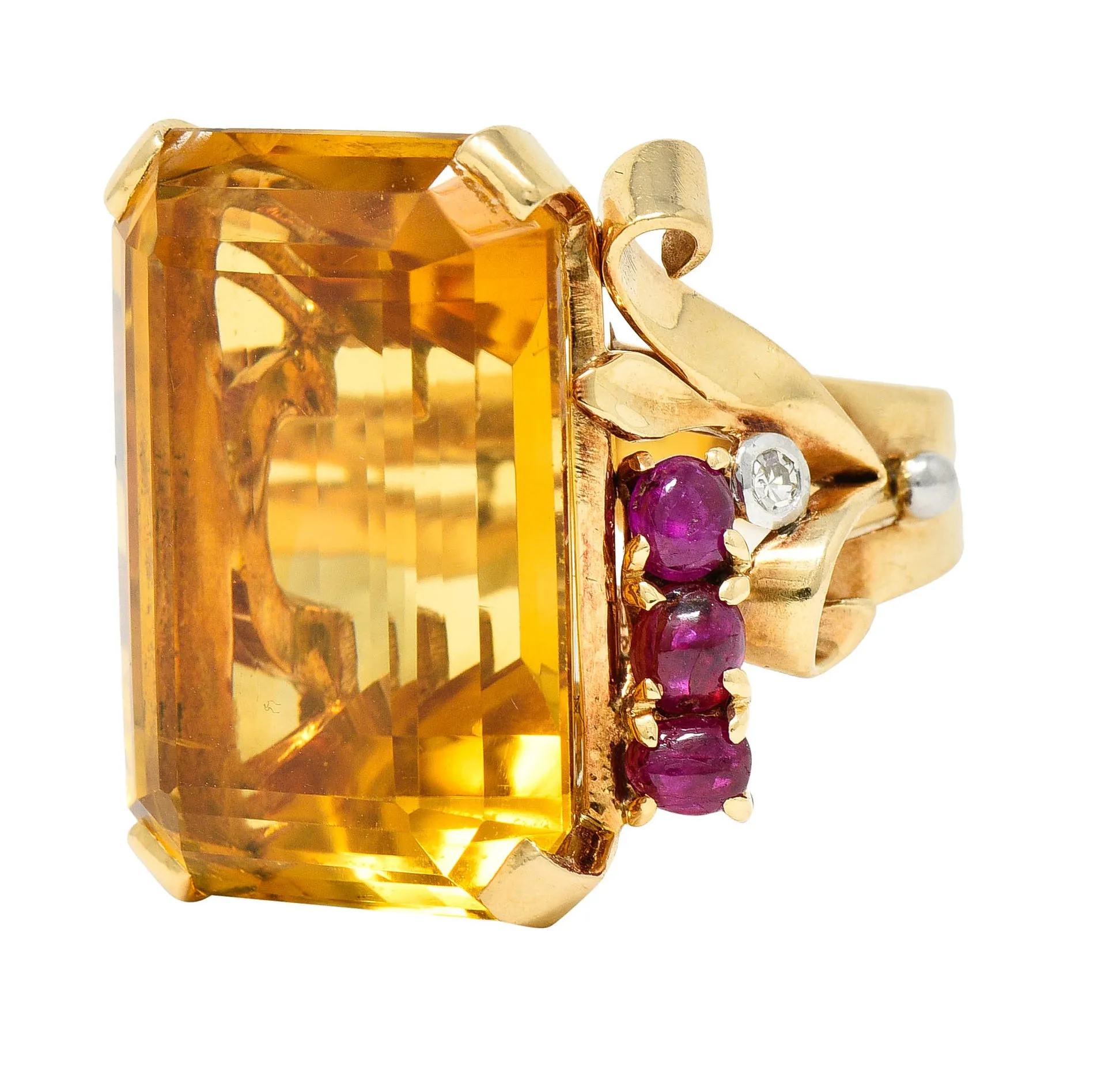 Retro Citrine Ruby Diamond 14 Karat Two-Tone Gold Statement Ring
