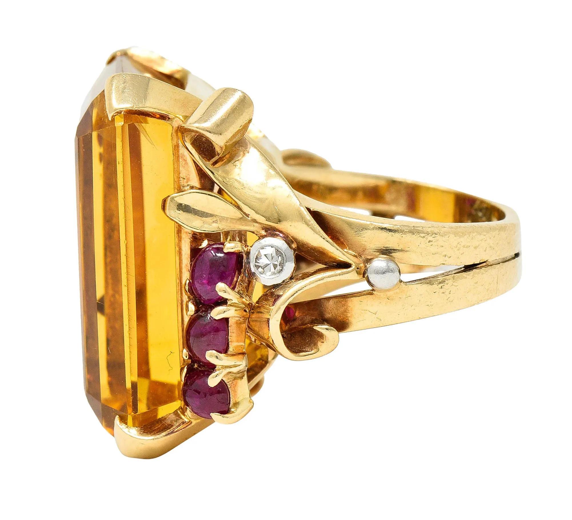 Retro Citrine Ruby Diamond 14 Karat Two-Tone Gold Statement Ring