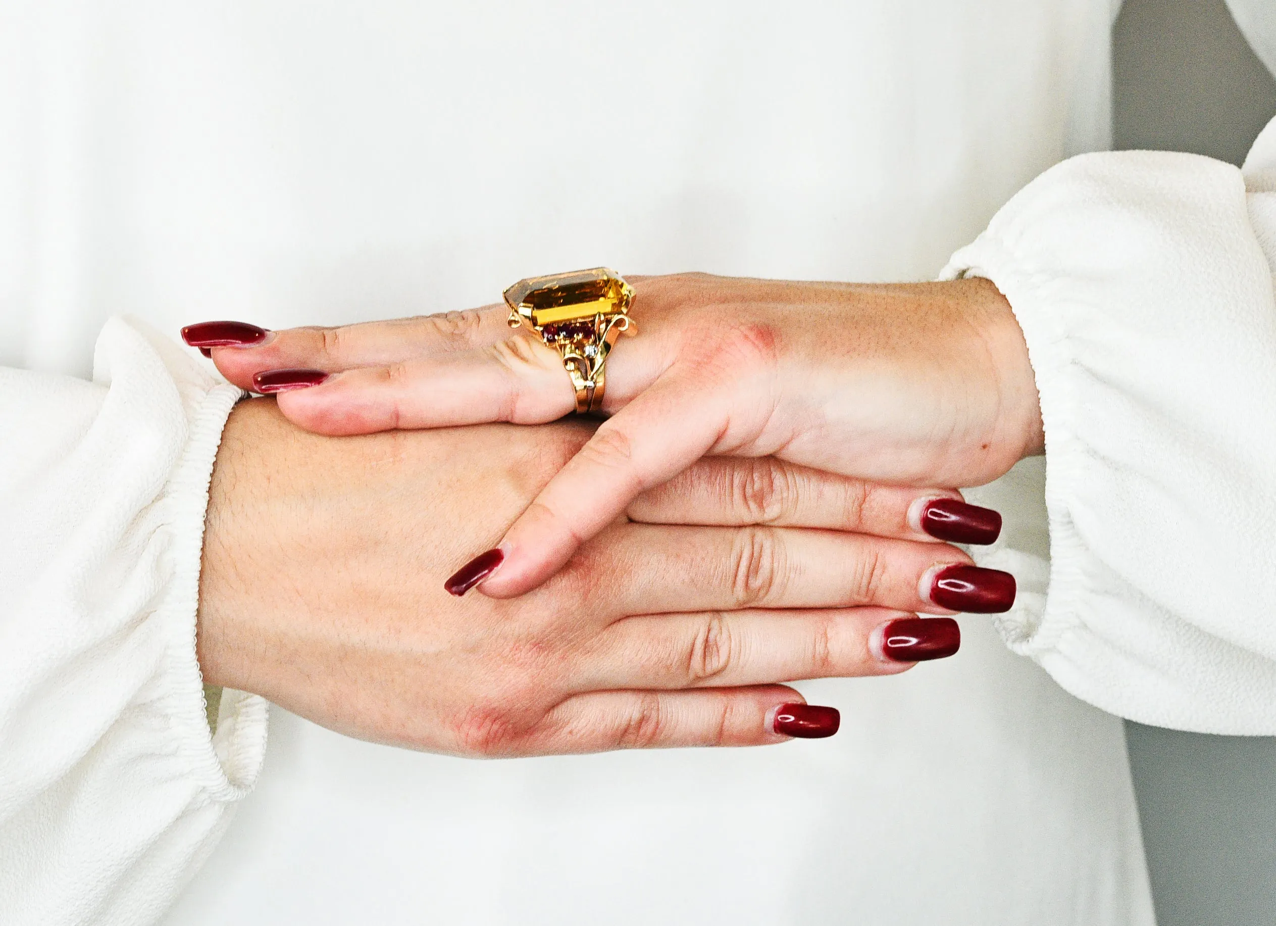 Retro Citrine Ruby Diamond 14 Karat Two-Tone Gold Statement Ring