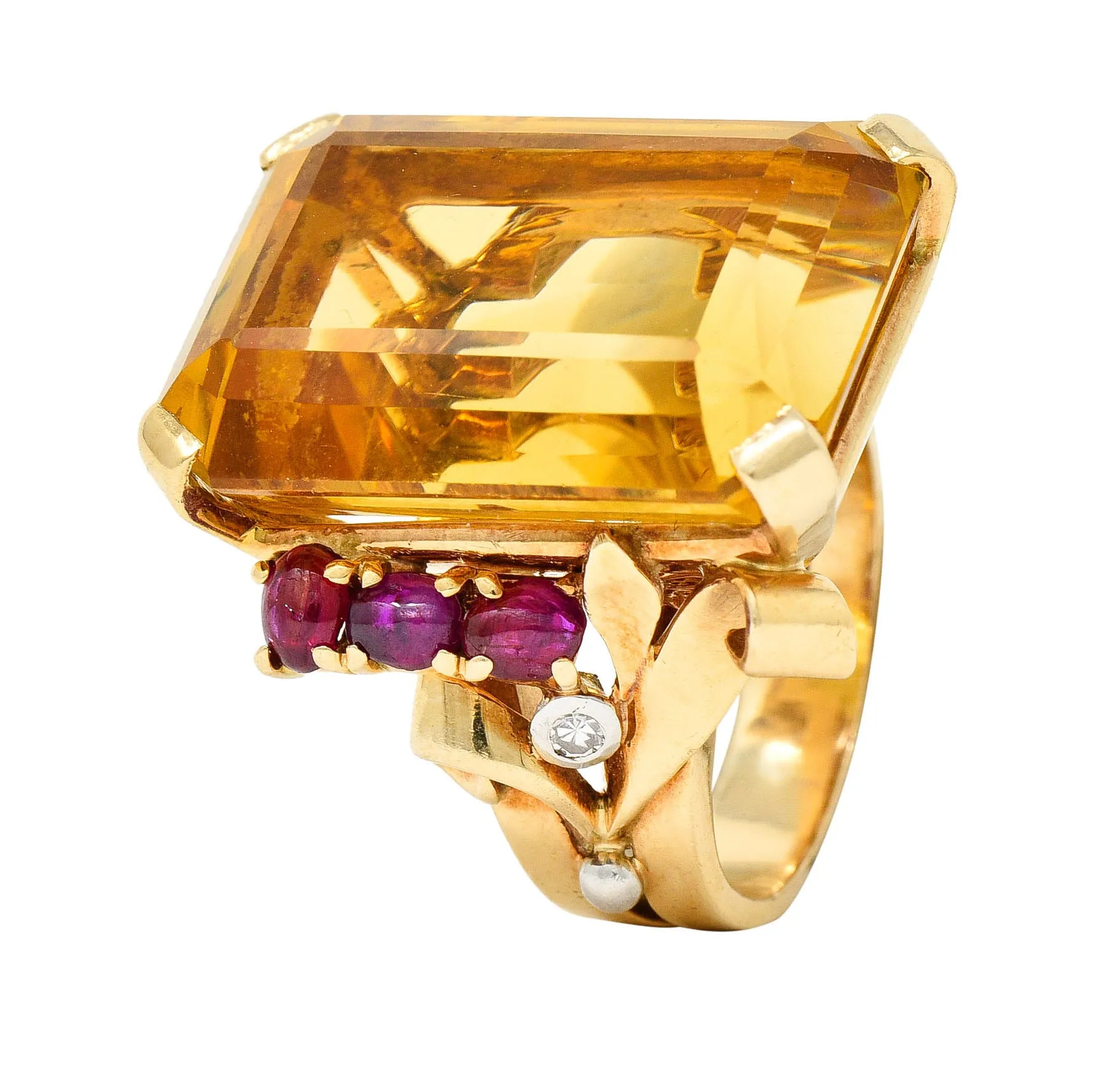 Retro Citrine Ruby Diamond 14 Karat Two-Tone Gold Statement Ring