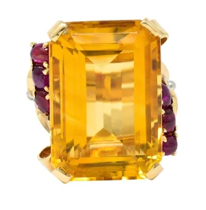 Retro Citrine Ruby Diamond 14 Karat Two-Tone Gold Statement Ring