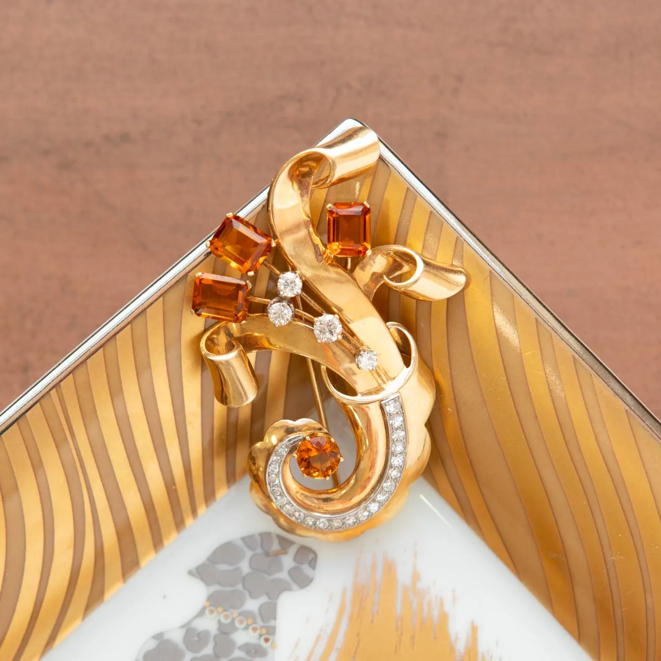 Retro Diamond Ribbon Spray Pin with Citrines, 14k