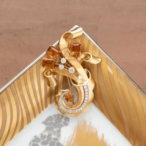 Retro Diamond Ribbon Spray Pin with Citrines, 14k