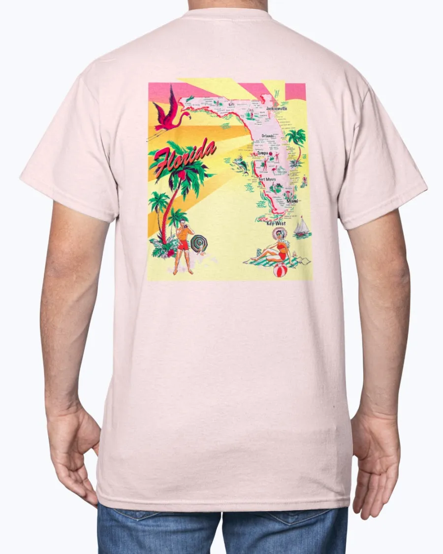 Retro Florida Vintage 50s Postcard Print T-Shirt w/Chest Logo