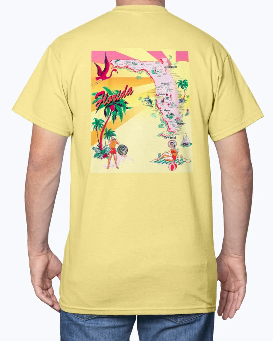 Retro Florida Vintage 50s Postcard Print T-Shirt w/Chest Logo