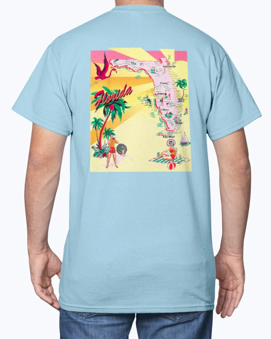 Retro Florida Vintage 50s Postcard Print T-Shirt w/Chest Logo