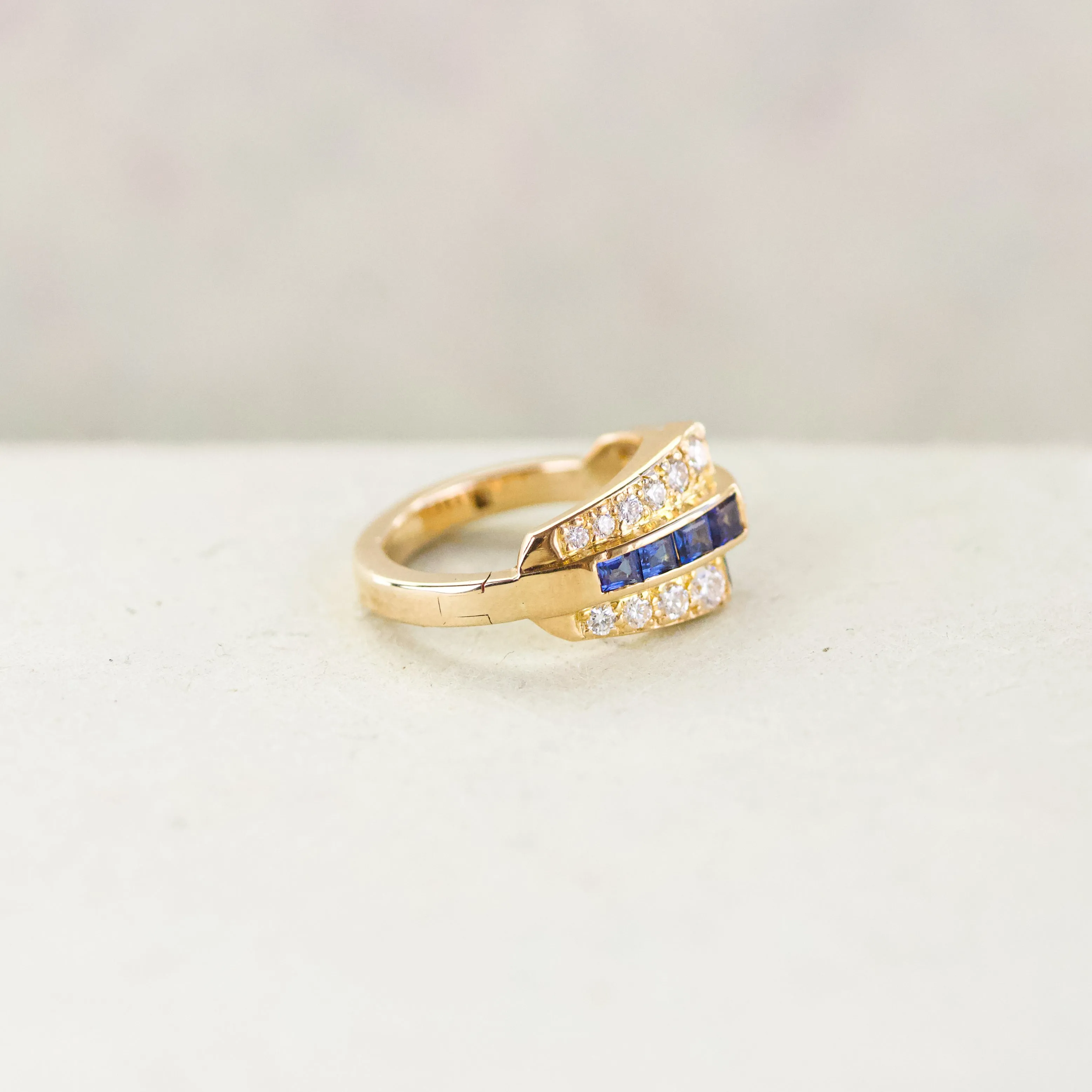Retro Sapphire & Diamond Geometric Ring, 18k