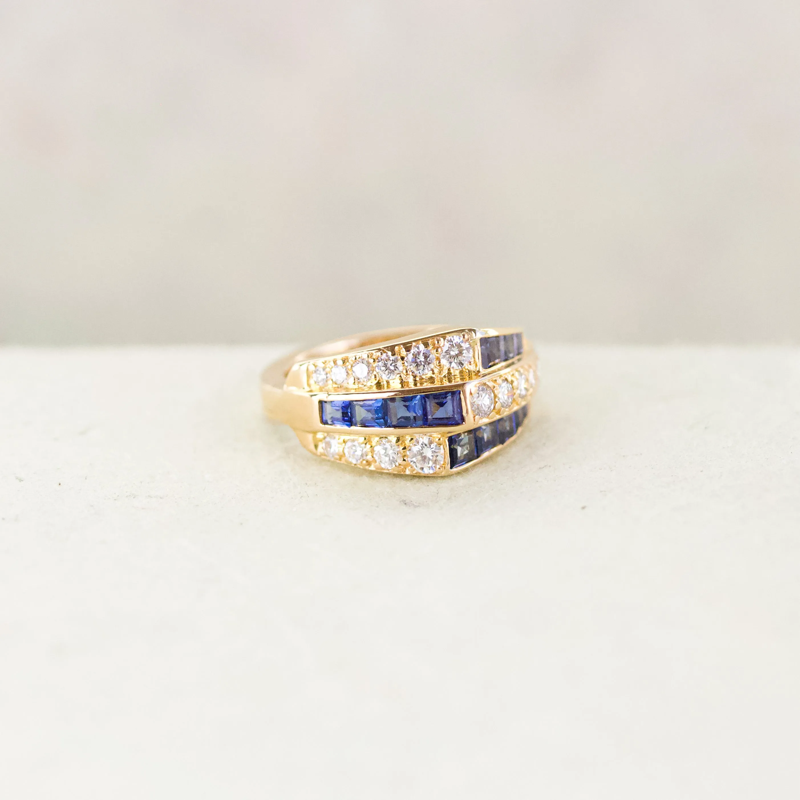 Retro Sapphire & Diamond Geometric Ring, 18k