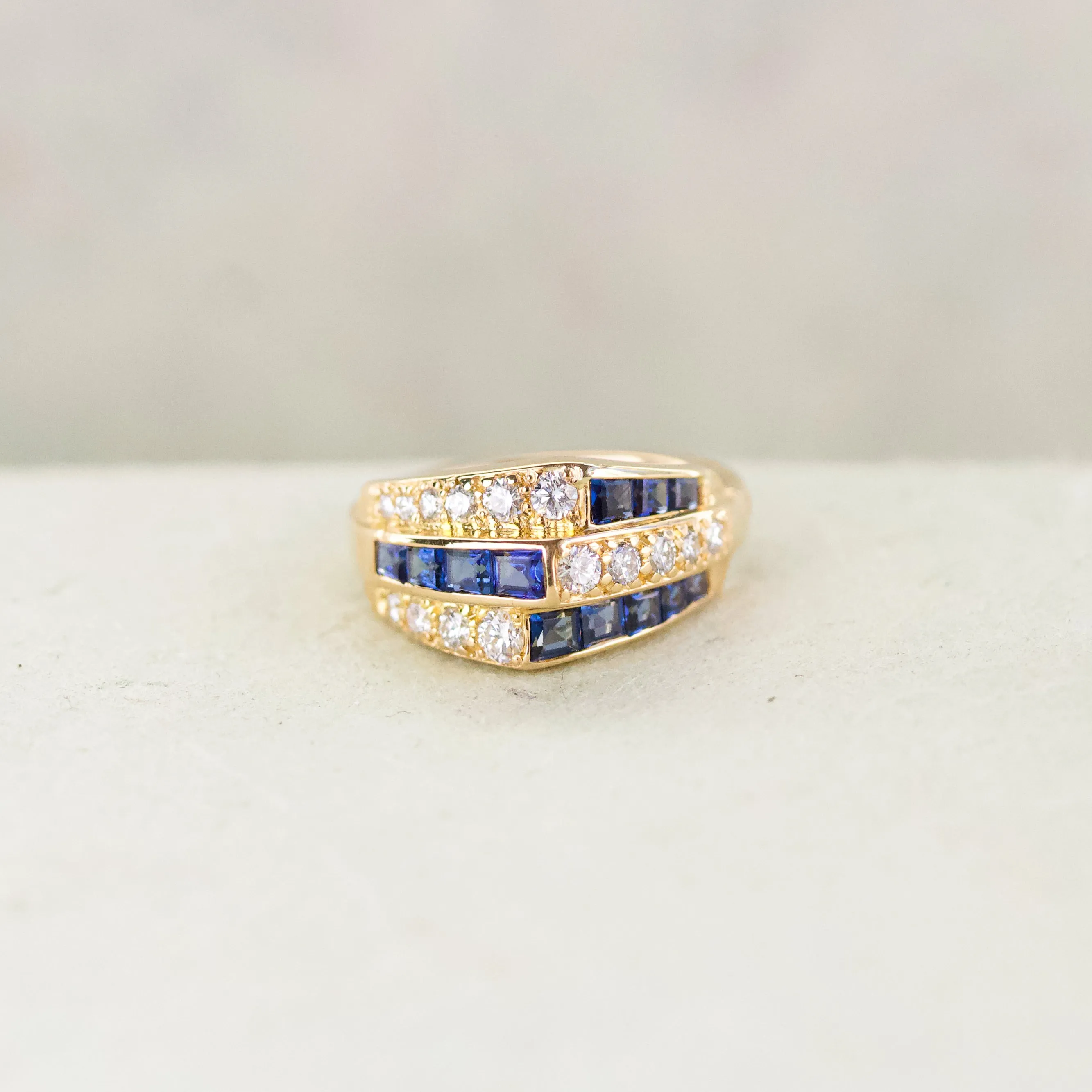 Retro Sapphire & Diamond Geometric Ring, 18k