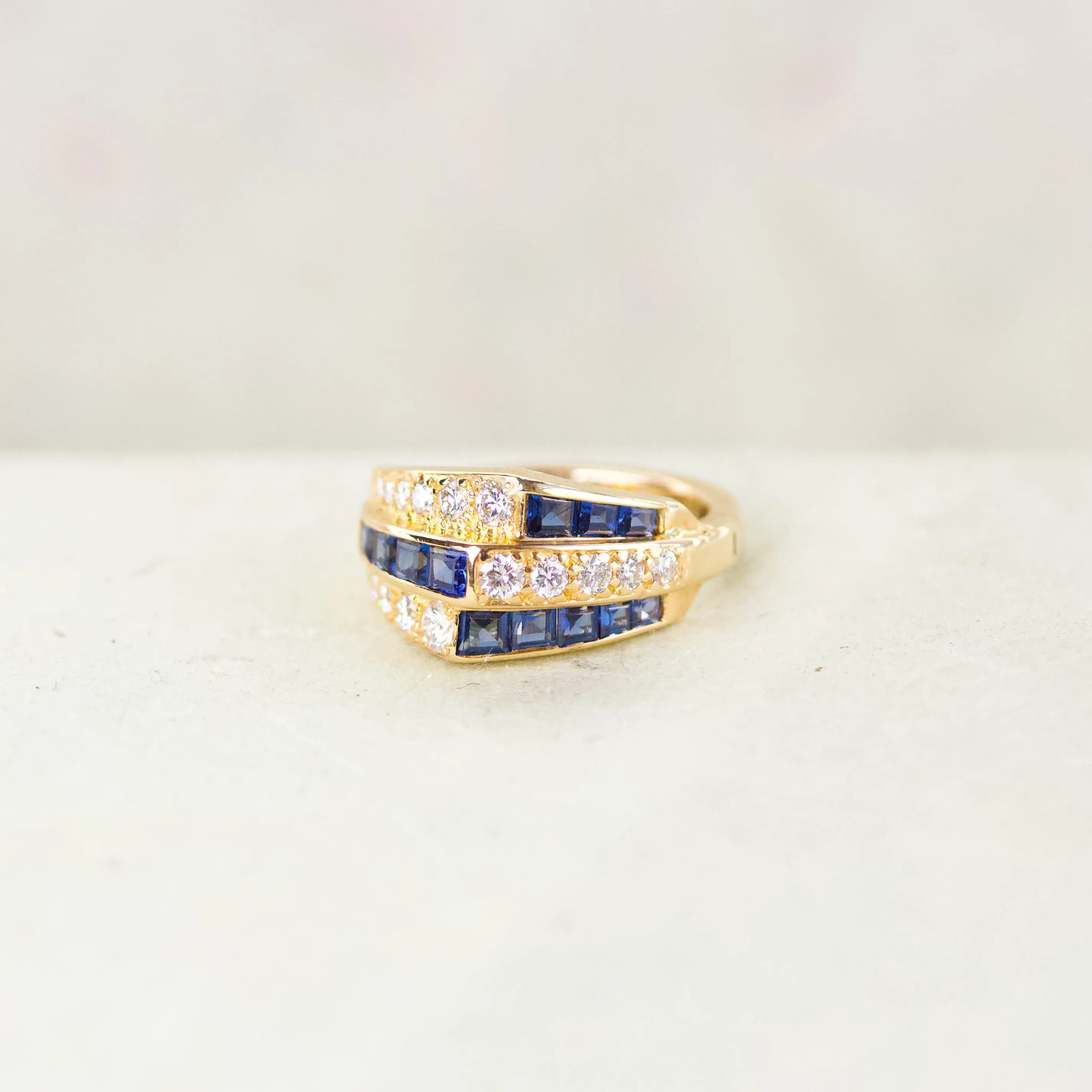 Retro Sapphire & Diamond Geometric Ring, 18k