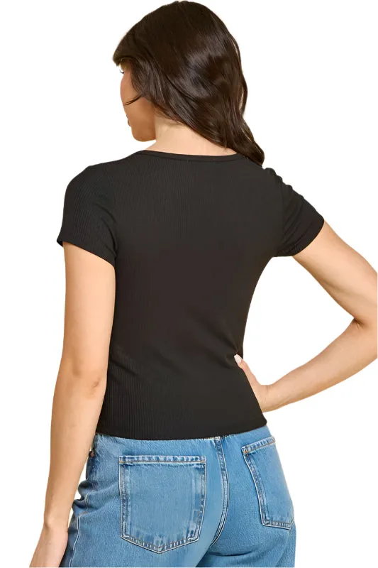 Ribbed Vneck Short Sleeve Top