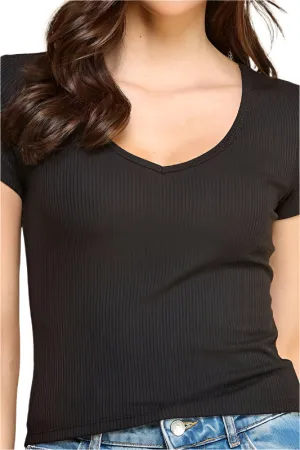 Ribbed Vneck Short Sleeve Top