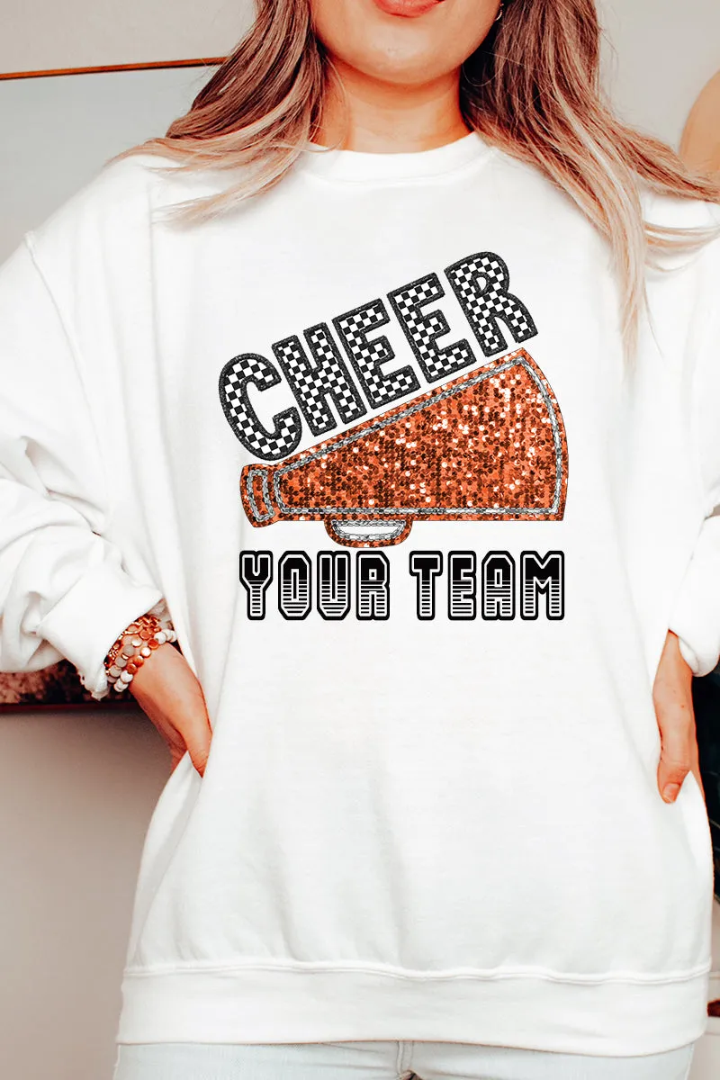 Sequin Orange Cheer Your Team Heavy-weight Crew Sweatshirt