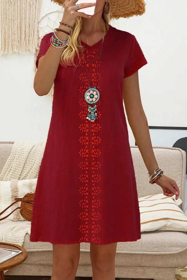 Short Sleeve Ethnic Style Midi Dress