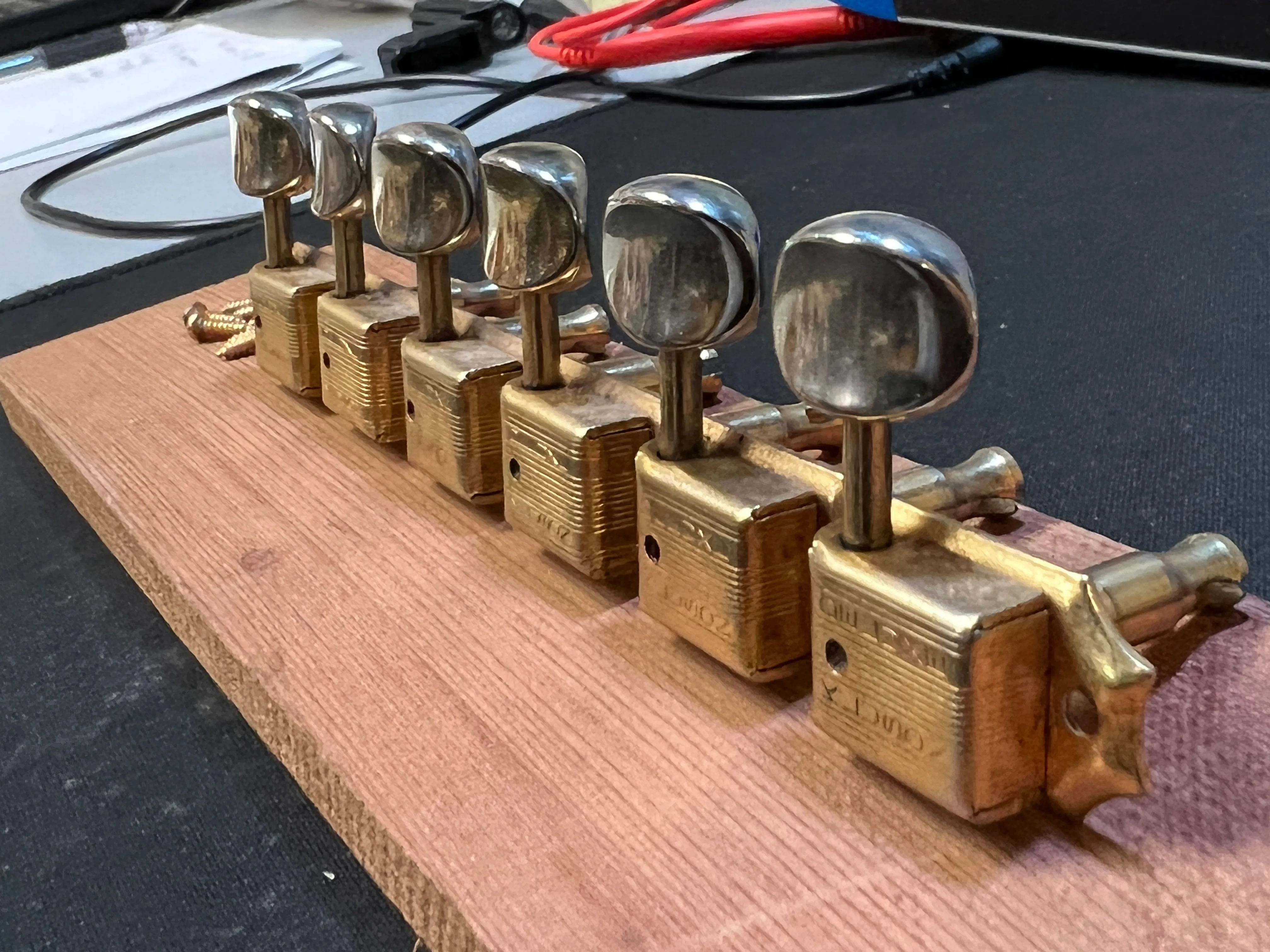 SOLD - Fender Double line gold tuners w/screws, no bushings. 1964-1969