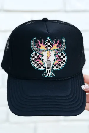 Spade Steer In Flames Otto Black Foam Front Trucker Hat