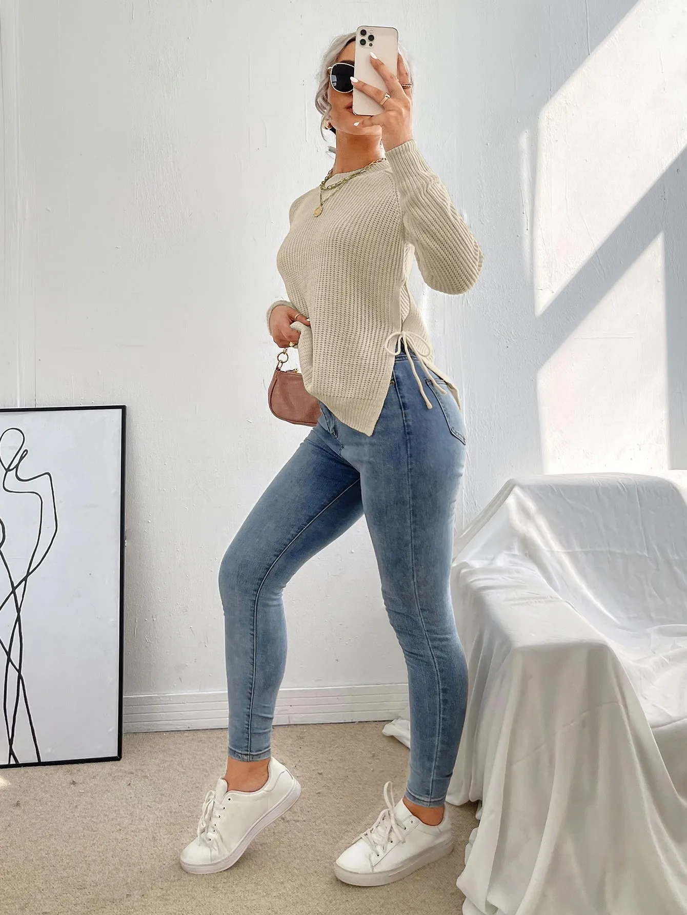 Split Knot Side Raglan Sleeve Sweater – Long Sleeve Casual Top