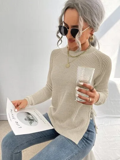Split Knot Side Raglan Sleeve Sweater – Long Sleeve Casual Top