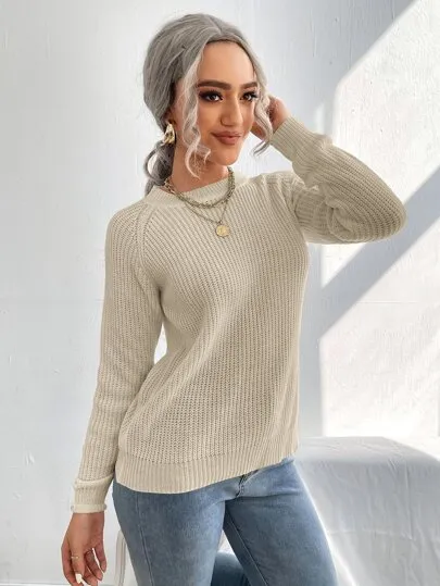 Split Knot Side Raglan Sleeve Sweater – Long Sleeve Casual Top