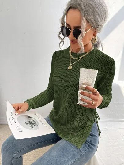 Split Knot Side Raglan Sleeve Sweater – Long Sleeve Casual Top